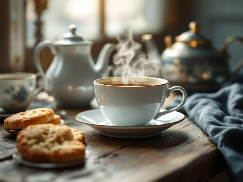 a cup of tea with milk sat on a saucer, on a table next to biscuits